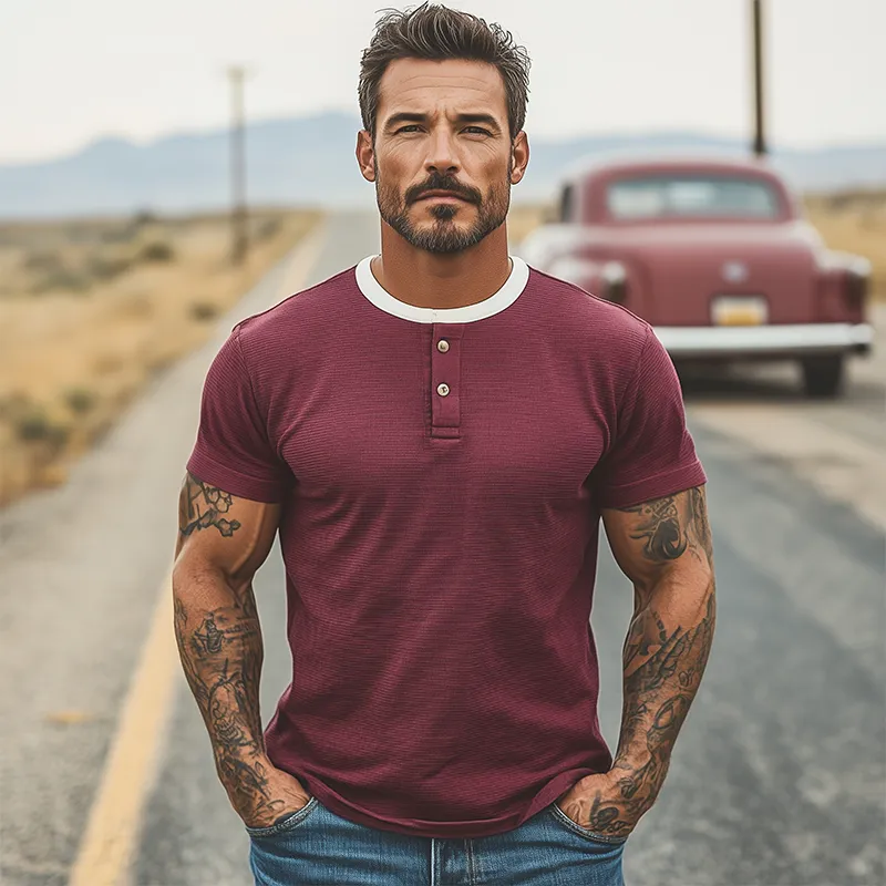 Men's Summer New Casual American Retro Western Tough Style Henry Collar Slim Fit Knitted Short-sleeved T-shirt MTA2724E2K sold by Manly product image thumbnail 3