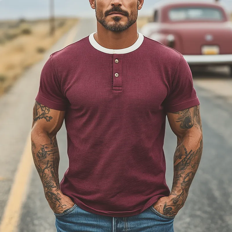 Men's Summer New Casual American Retro Western Tough Style Henry Collar Slim Fit Knitted Short-sleeved T-shirt MTA2724E2K sold by Manly product image thumbnail 2
