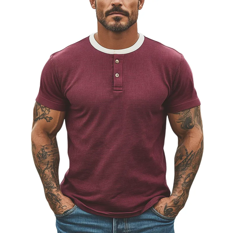 Men's Summer New Casual American Retro Western Tough Style Henry Collar Slim Fit Knitted Short-sleeved T-shirt MTA2724E2K sold by Manly