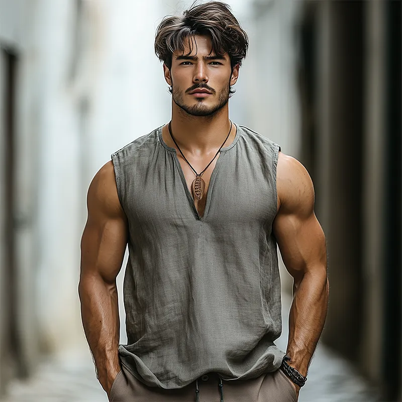 Men's New Summer Fashion Casual Tough Guy Style V-neck Cotton And Linen Tank Top MTA2770E7K sold by Manly product image thumbnail 3