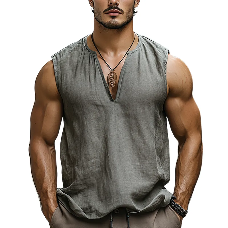 Men's New Summer Fashion Casual Tough Guy Style V-neck Cotton And Linen Tank Top MTA2770E7K sold by Manly