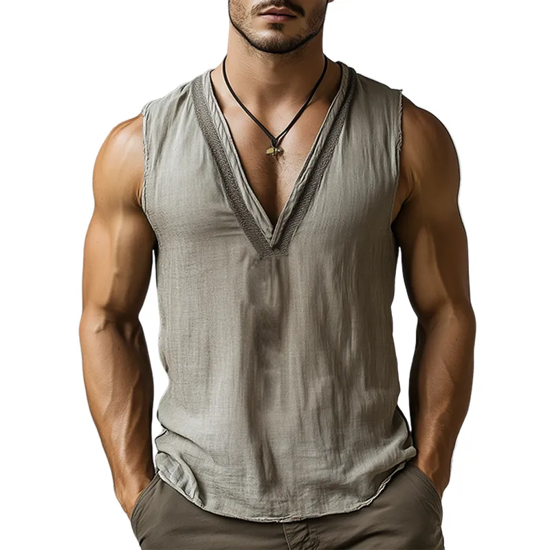 Men's New Summer Fashion Casual Tough Guy Style V-neck Knitted Stitching Cotton And Linen Tank Top MTA2759E0K sold by Manly