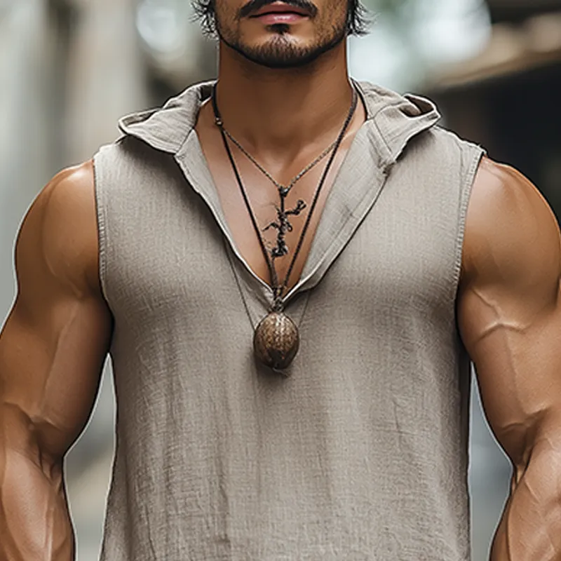 Men's New Summer Fashion Casual Tough Guy Style V-neck Hooded Cotton And Linen Tank Top MTA2794E4K sold by Manly product image thumbnail 4