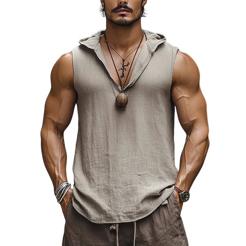 Men's New Summer Fashion Casual Tough Guy Style V-neck Hooded Cotton And Linen Tank Top MTA2794E4K sold by Manly