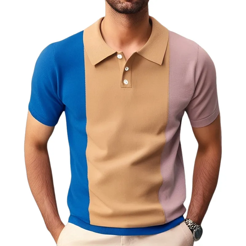 Men's Casual Colorblock Lapel Slim Fit Short-sleeved Knitted Polo Shirt MTA2605E7M sold by Manly