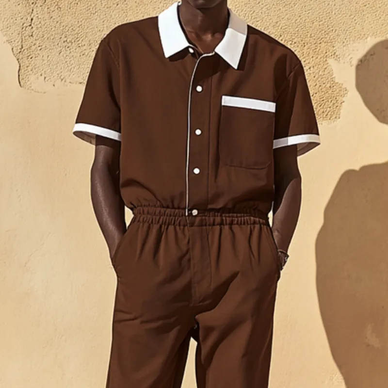Men's Casual Cotton Blend Colorblock Lapel Patch Pocket Short Sleeve Shirt Pants Slim Jumpsuit MTA2694E2M sold by Manly product image thumbnail 3