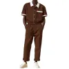 Men's Casual Cotton Blend Colorblock Lapel Patch Pocket Short Sleeve Shirt Pants Slim Jumpsuit MTA2694E2M sold by Manly