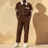 Men's Casual Cotton Blend Colorblock Lapel Patch Pocket Short Sleeve Shirt Pants Slim Jumpsuit MTA2694E2M sold by Manly