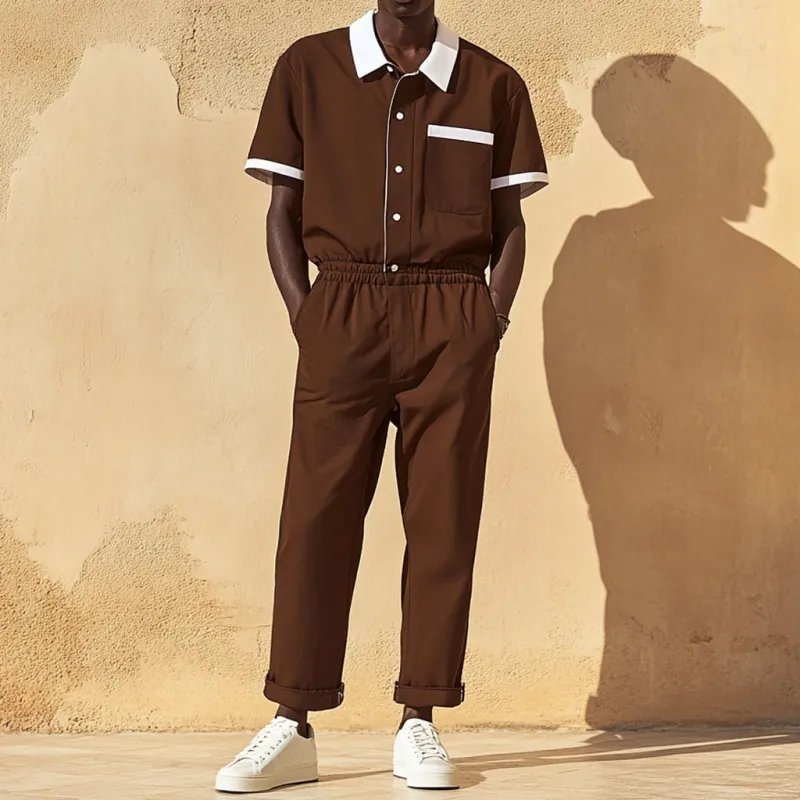 Men's Casual Cotton Blend Colorblock Lapel Patch Pocket Short Sleeve Shirt Pants Slim Jumpsuit MTA2694E2M sold by Manly product image thumbnail 2