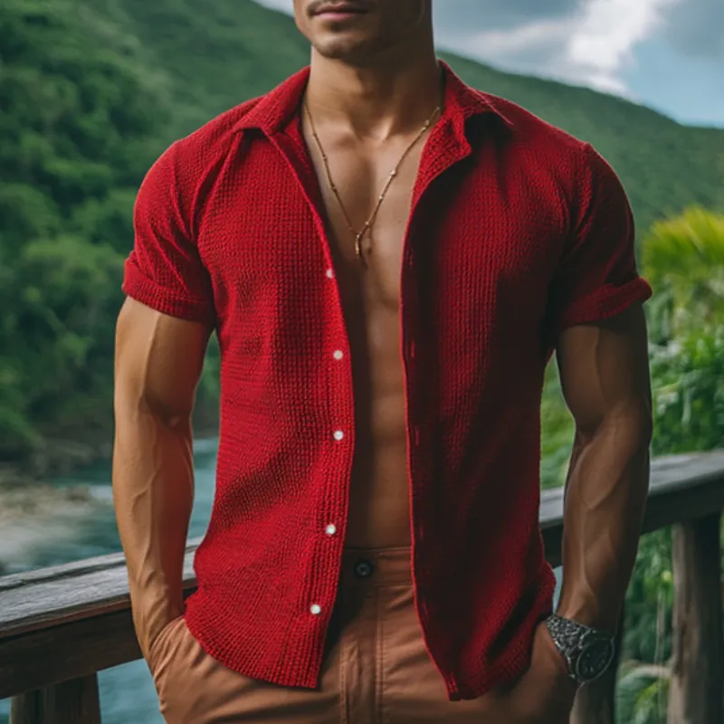 Men's Retro Casual Solid Color Lapel Short Sleeve Shirt MTA2094E2TO sold by Manly product image thumbnail 2