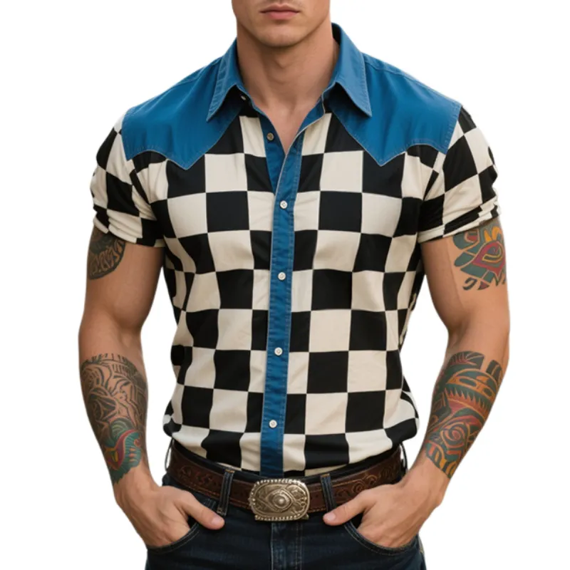 Men's Retro Casual Denim Checkerboard Print Lapel Short Sleeve Shirt MTA1616E4TO sold by Manly