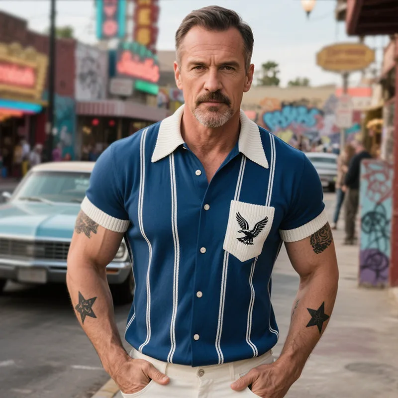 Men's Retro Casual Striped Print Eagle Pocket Short-Sleeved Polo Shirt MTA1450E1TO sold by Manly product image thumbnail 3