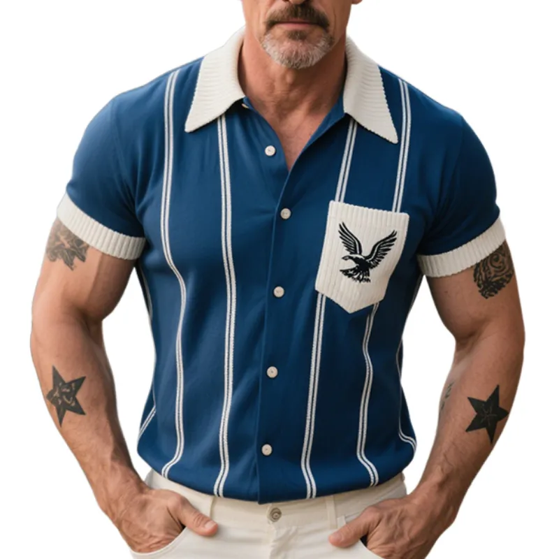 Men's Retro Casual Striped Print Eagle Pocket Short-Sleeved Polo Shirt MTA1450E1TO sold by Manly