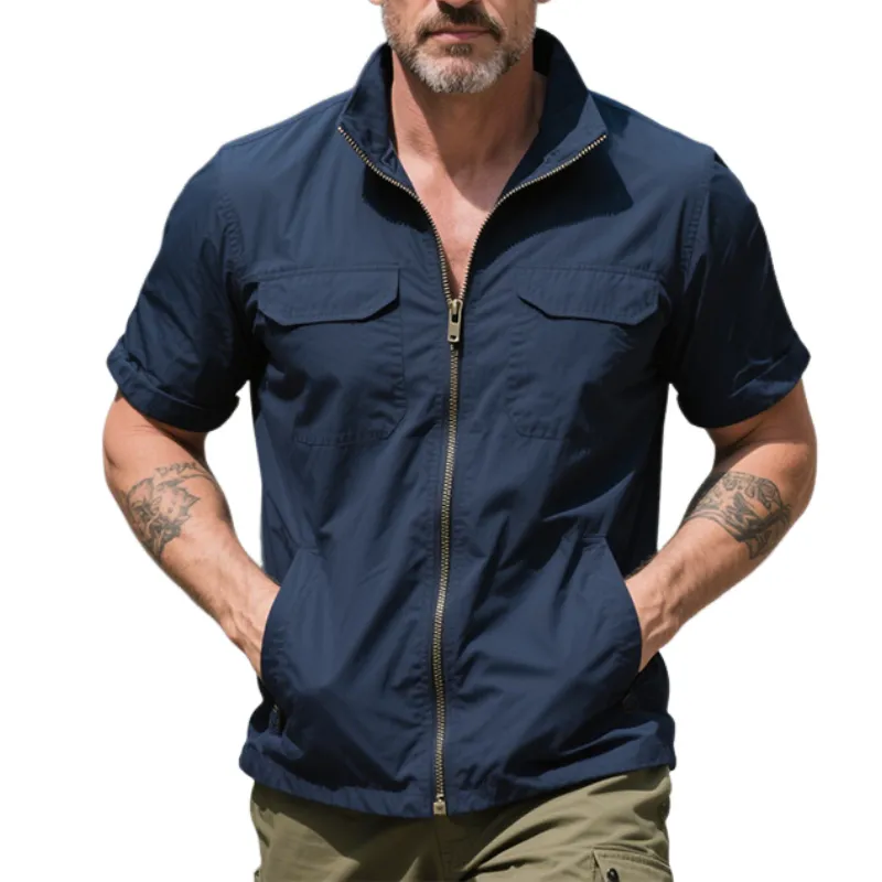 Men's Retro Casual Solid Color Zipper Workwear Lapel Short Sleeve Shirt MTA1461E4TO sold by Manly