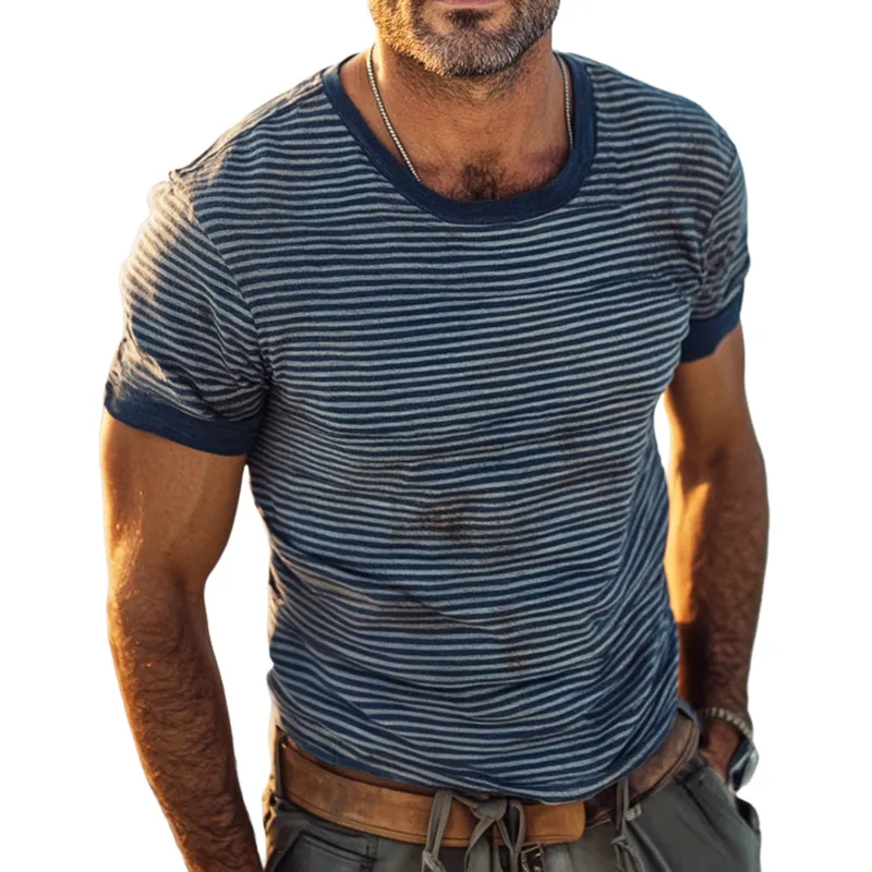 Men's Retro Casual Shabby Striped Printed Round Neck Short Sleeve T-Shirt MTA2768E8TO sold by Manly