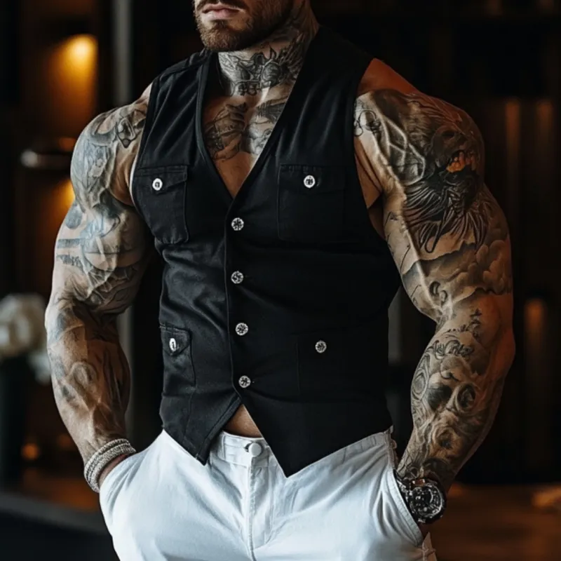 Men's Casual Breathable Cotton V-neck Single-breasted Multi-pocket Slim Vest MTA2642E2M sold by Manly product image thumbnail 3