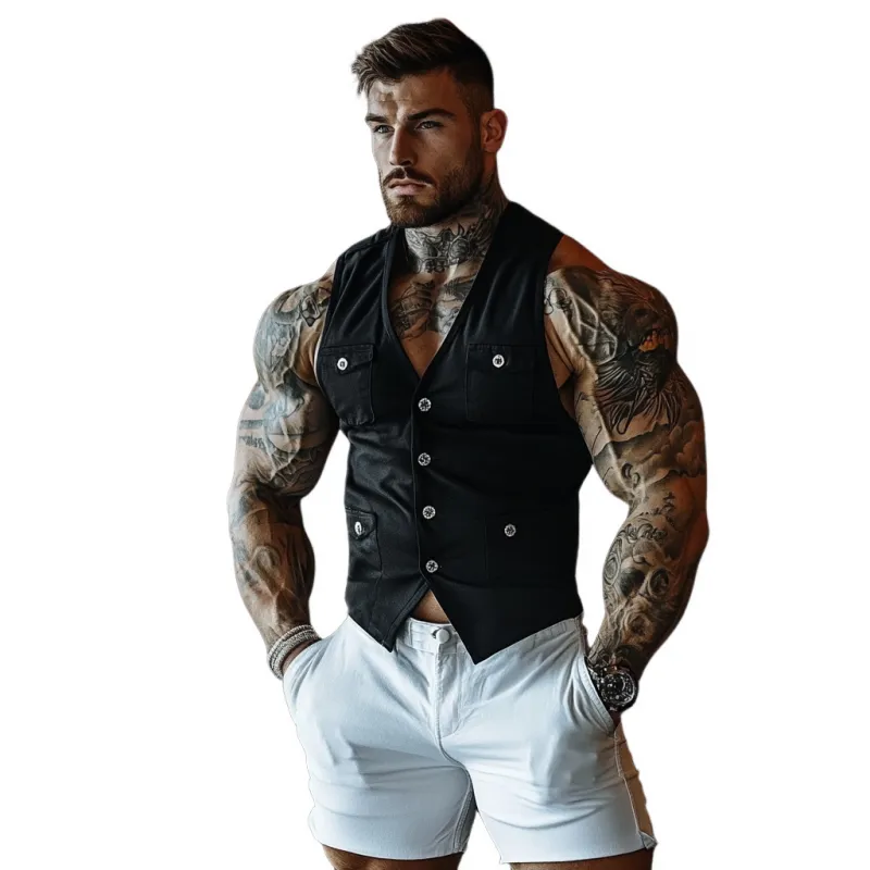 Men's Casual Breathable Cotton V-neck Single-breasted Multi-pocket Slim Vest MTA2642E2M sold by Manly product image thumbnail 2