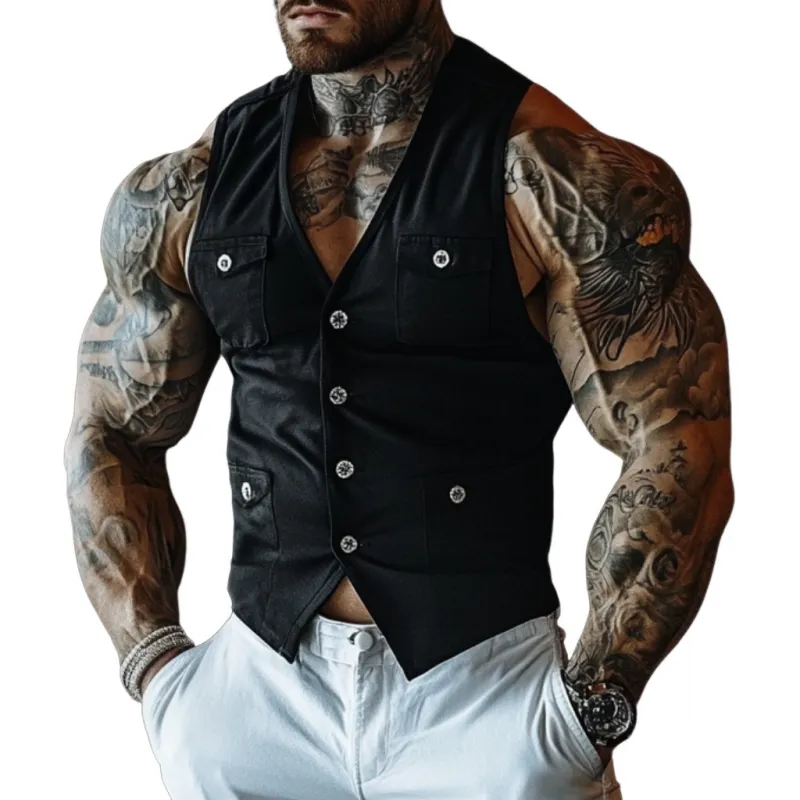 Men's Casual Breathable Cotton V-neck Single-breasted Multi-pocket Slim Vest MTA2642E2M sold by Manly