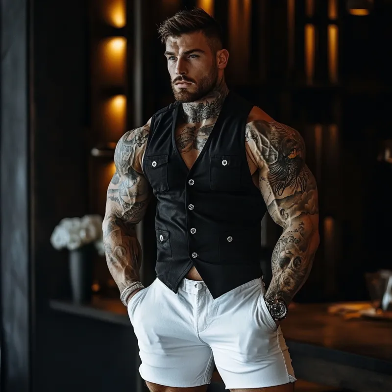 Men's Casual Breathable Cotton V-neck Single-breasted Multi-pocket Slim Vest MTA2642E2M sold by Manly product image thumbnail 4