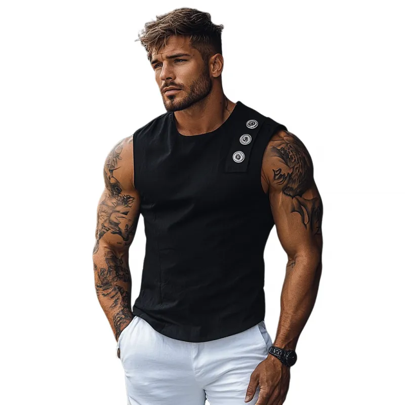 Men's Casual Breathable Cotton Round Neck Button Decoration Slim Fit Tank Top MTA2696E6M sold by Manly product image thumbnail 2