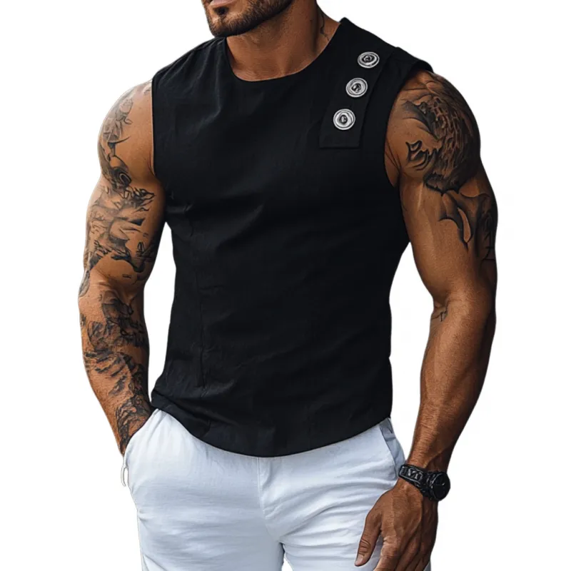 Men's Casual Breathable Cotton Round Neck Button Decoration Slim Fit Tank Top MTA2696E6M sold by Manly
