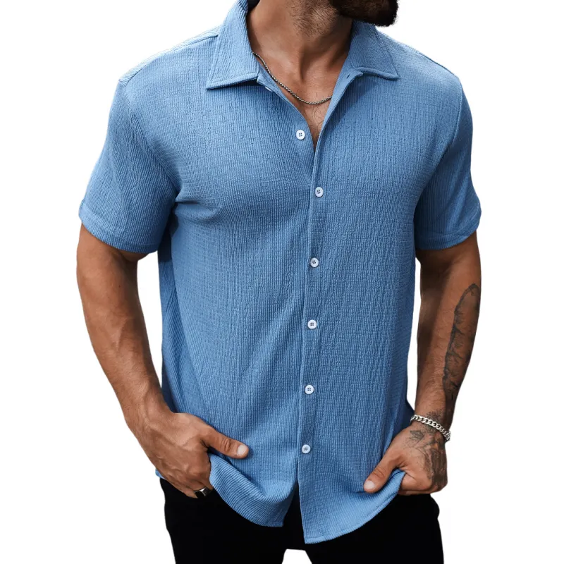 Men's Casual Cotton Blend Pleated Texture Lapel Slim Fit Short Sleeve Shirt MTA2683E7M sold by Manly