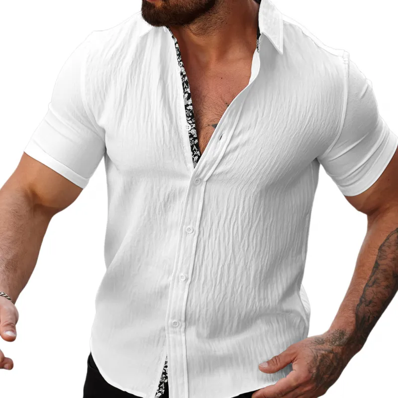 Men's Casual Cotton Linen Pleated Colorblock Lapel Slim Fit Short Sleeve Shirt MTA2680E3M sold by Manly product image thumbnail 5