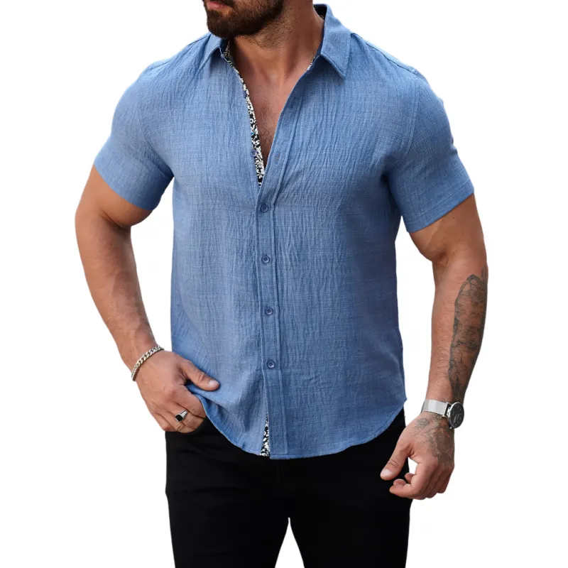 Men's Casual Cotton Linen Pleated Colorblock Lapel Slim Fit Short Sleeve Shirt MTA2680E3M sold by Manly product image thumbnail 2