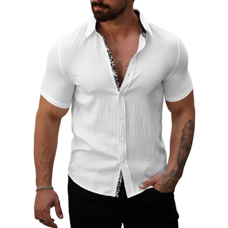Men's Casual Cotton Linen Pleated Colorblock Lapel Slim Fit Short Sleeve Shirt MTA2680E3M sold by Manly product image thumbnail 4