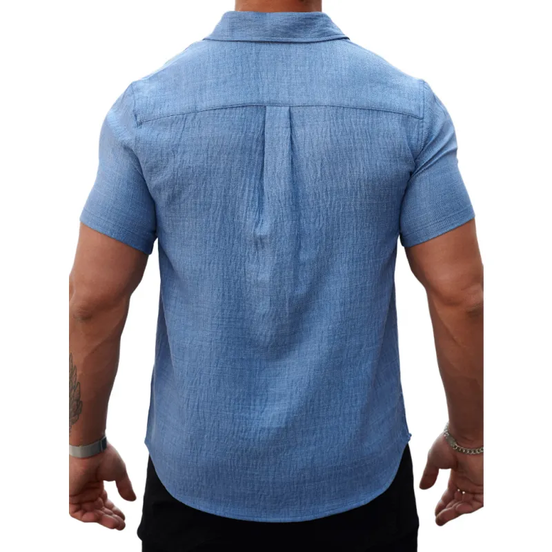 Men's Casual Cotton Linen Pleated Colorblock Lapel Slim Fit Short Sleeve Shirt MTA2680E3M sold by Manly product image thumbnail 3