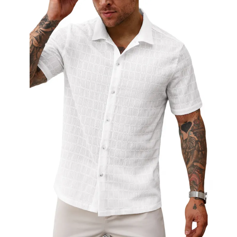 Men's Casual Lace Pleated Texture Lapel Slim Short Sleeve Shirt MTA2669E2M sold by Manly product image thumbnail 4