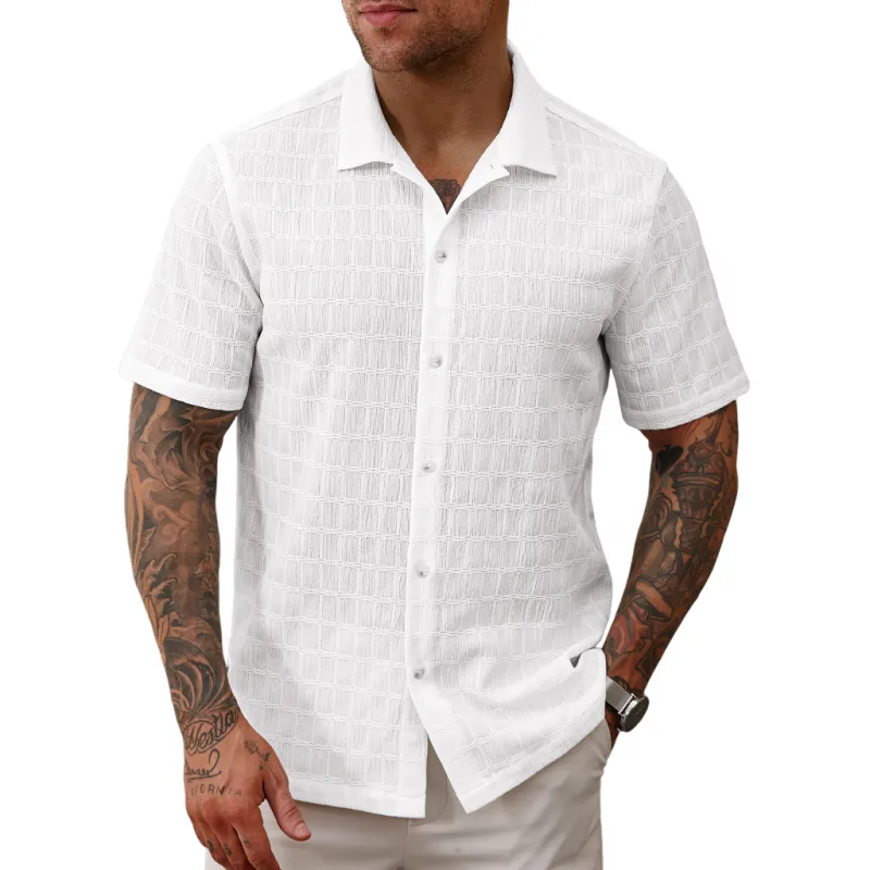 Men's Casual Lace Pleated Texture Lapel Slim Short Sleeve Shirt MTA2669E2M sold by Manly