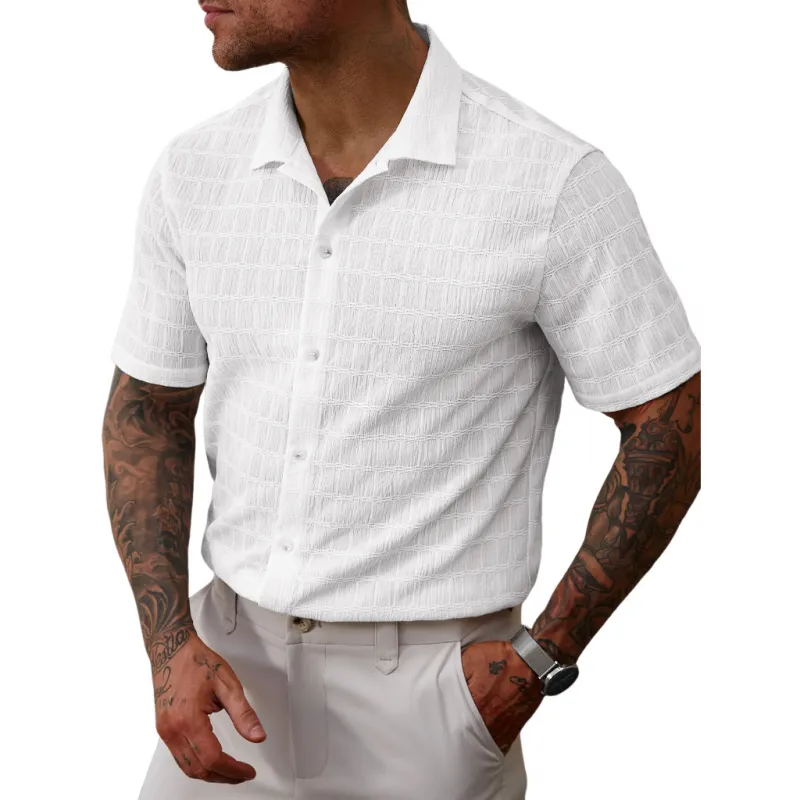Men's Casual Lace Pleated Texture Lapel Slim Short Sleeve Shirt MTA2669E2M sold by Manly product image thumbnail 5