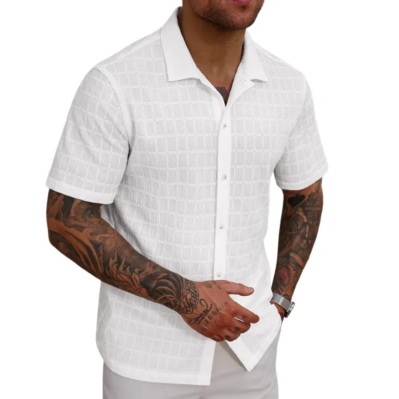 Men's Casual Lace Pleated Texture Lapel Slim Short Sleeve Shirt MTA2669E2M sold by Manly product image thumbnail 3