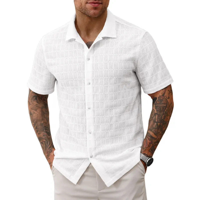 Men's Casual Lace Pleated Texture Lapel Slim Short Sleeve Shirt MTA2669E2M sold by Manly product image thumbnail 2