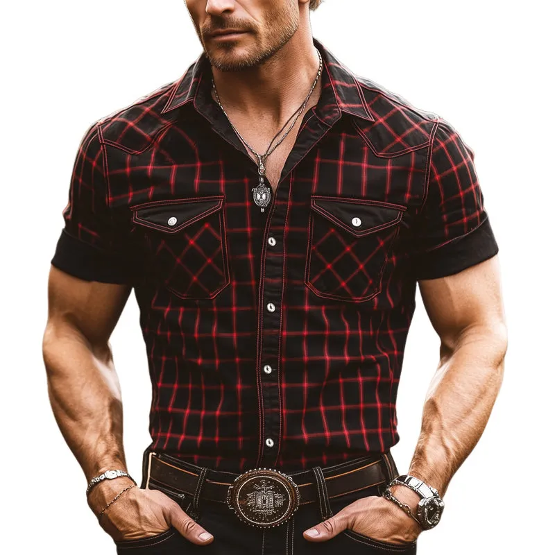 Men's Summer Retro Black And Red Plaid Short Sleeve Shirt MTA2696E7U sold by Manly