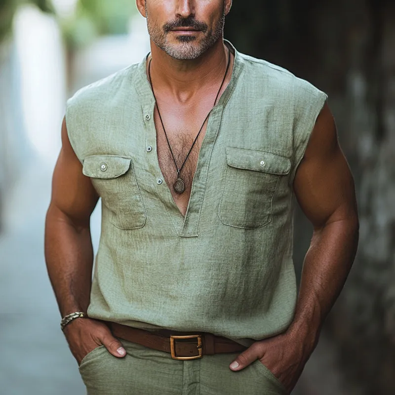 Men's Summer Comfortable Deep V Neck Cotton And Linen Tank Top MTA2771E4U sold by Manly product image thumbnail 2