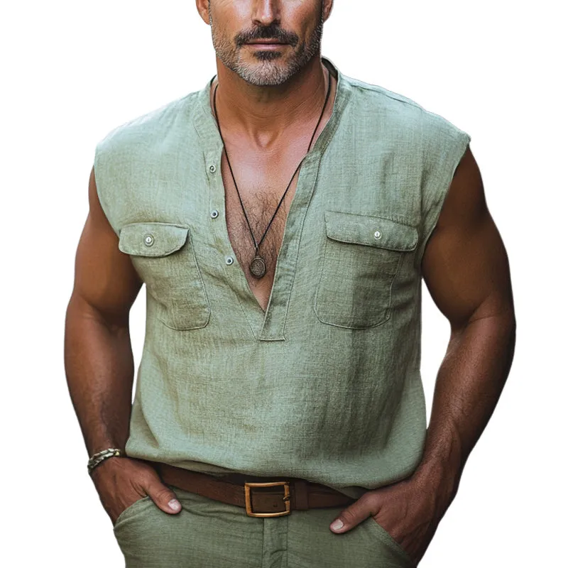 Men's Summer Comfortable Deep V Neck Cotton And Linen Tank Top MTA2771E4U sold by Manly