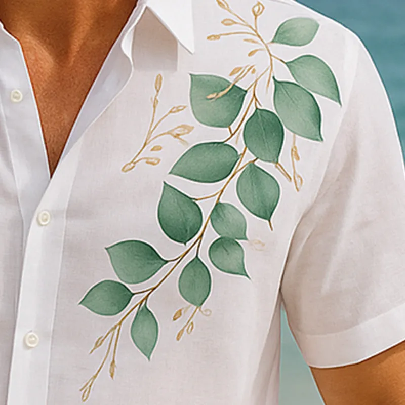 Men's Summer Cool Breathable Leaf Printed Linen Short Sleeve Shirt MTA2705E8P sold by Manly product image thumbnail 4