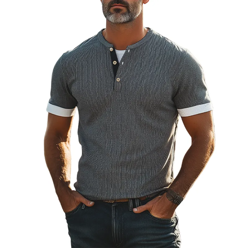 Men's Summer Fashion Personality Tough Guy Henry Collar Fake Two-piece Waffle Slim Short-sleeved T-shirt MTA2648E4K sold by Manly