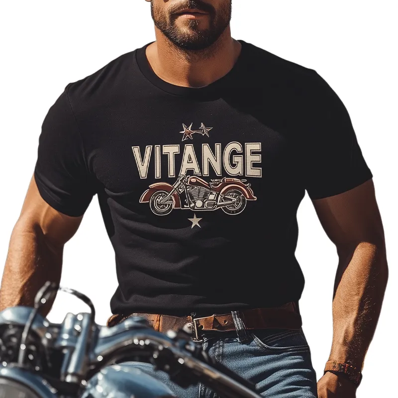 Men's Summer Fashion Personality Tough Style Retro Motorcycle Print Pattern Cotton Blend Slim Short-sleeved T-shirt MTA2666E3K made by Manly