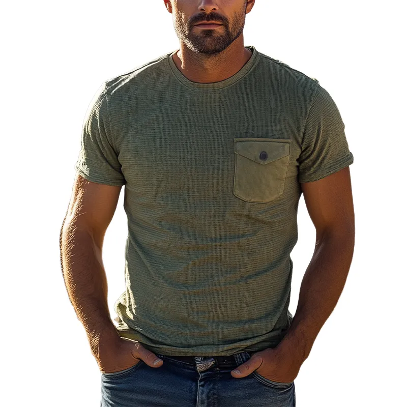 Men's Summer Fashion Personality Tough Guy Style Waffle Slim Chest Patch Pocket Short-sleeved T-shirt MTA2603E3K sold by Manly