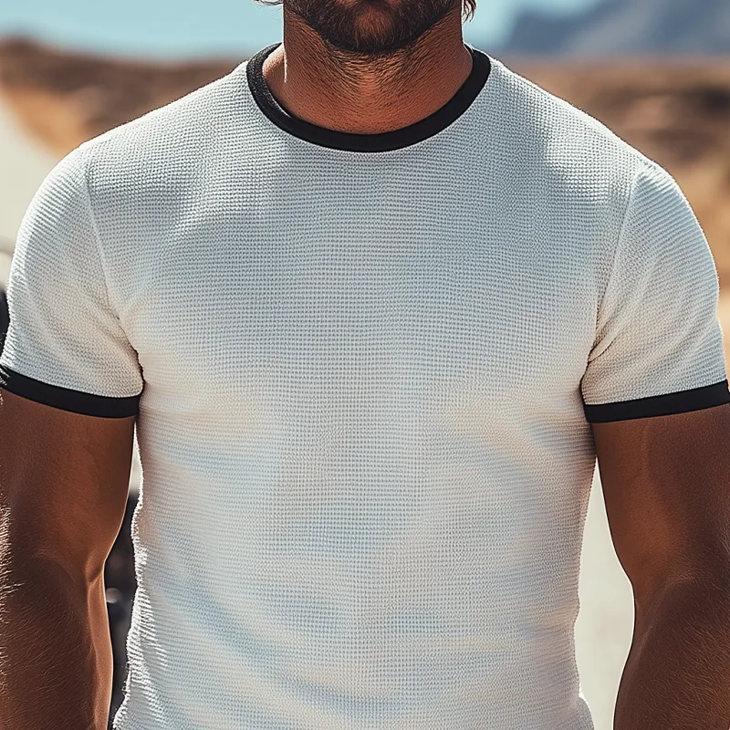 Men's Summer Fashion Personality Tough Guy Style Waffle Black And White Contrast Slim Short-sleeved T-shirt MTA2614E0K sold by Manly product image thumbnail 4
