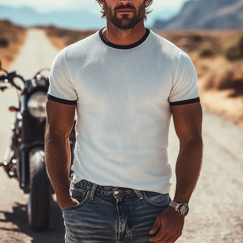 Men's Summer Fashion Personality Tough Guy Style Waffle Black And White Contrast Slim Short-sleeved T-shirt MTA2614E0K sold by Manly product image thumbnail 2