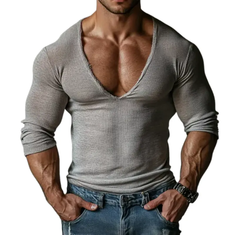 Men's Summer Fashion Personality Tough Style Deep V-neck Sexy Slim Knitted Long-sleeved T-shirt MTA2620E3K sold by Manly