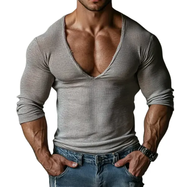 Men's Summer Fashion Personality Tough Style Deep V-neck Sexy Slim Knitted Long-sleeved T-shirt MTA2620E3K sold by Manly