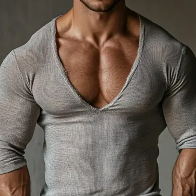 Men's Summer Fashion Personality Tough Style Deep V-neck Sexy Slim Knitted Long-sleeved T-shirt MTA2620E3K sold by Manly product image thumbnail 3