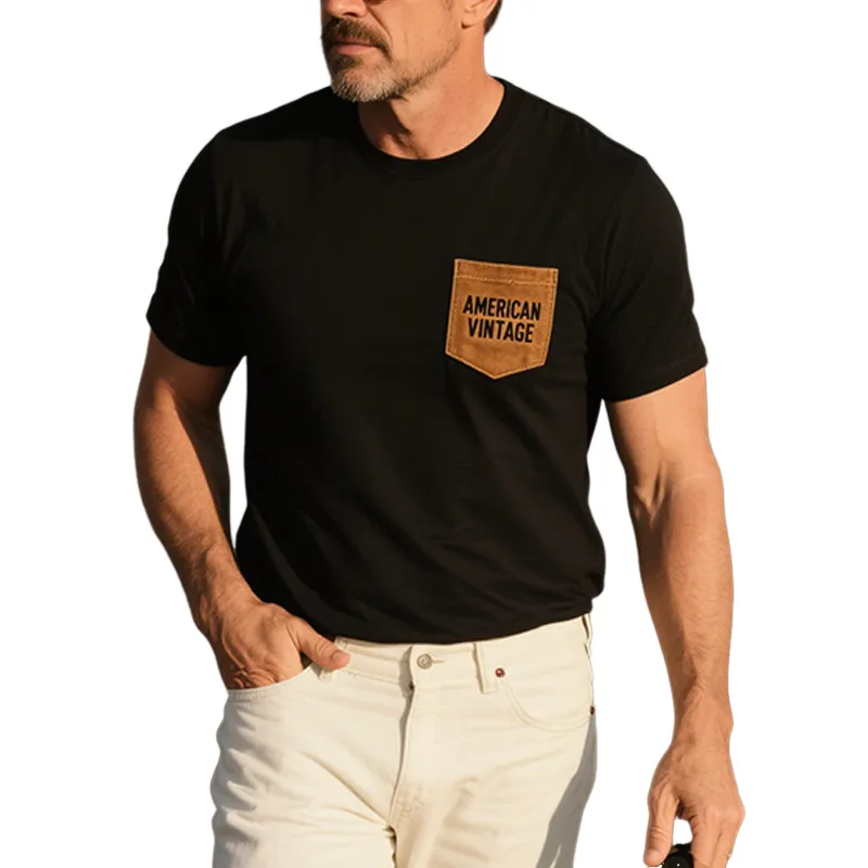 Men's Summer Fashion Casual American Retro Cotton Blended Pocket Stitching Suede Pocket Letter Embroidery Short-sleeved T-shirt MTA2428E4K sold by Manly