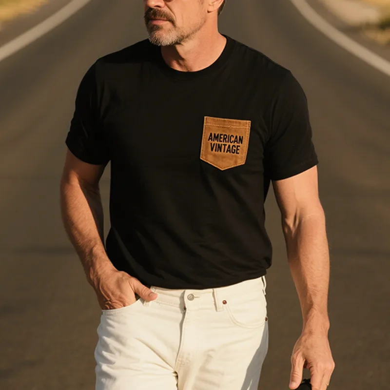 Men's Summer Fashion Casual American Retro Cotton Blended Pocket Stitching Suede Pocket Letter Embroidery Short-sleeved T-shirt MTA2428E4K sold by Manly product image thumbnail 2