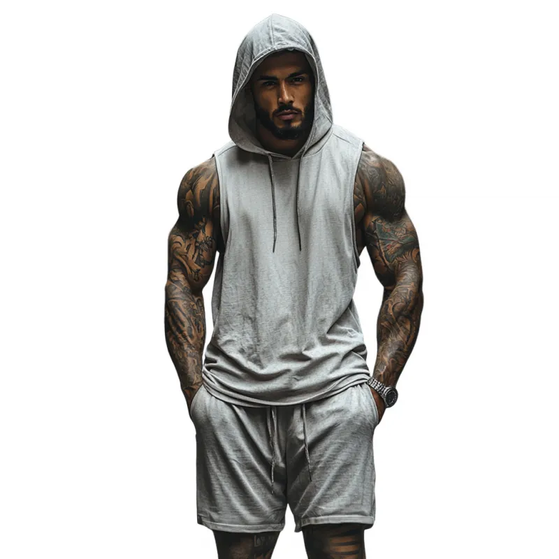Men's Casual Breathable Cotton Hooded Loose Tank Top Elastic Waist Shorts Sports Set MTA2678E7M sold by Manly